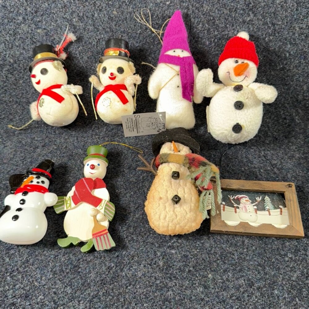 8pc Vtg Snowman Christmas Ornaments 2 Flocked Plastic 1 Blow Mold 1 Snow Buddies